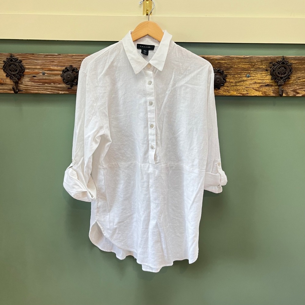 Tahari Womens Medium White Linen Blend Roll Tab Sleeve Popover Tunic Shirt